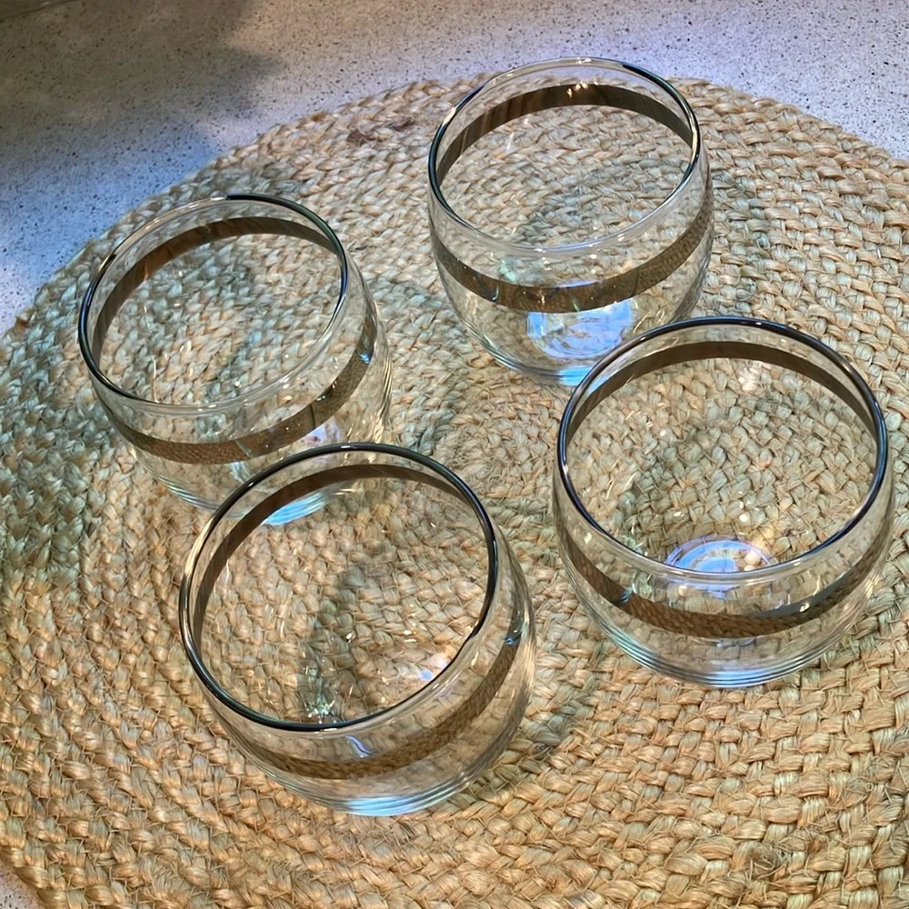Set of (4) Vintage MCM Silver Stripe Roly Poly Glasses